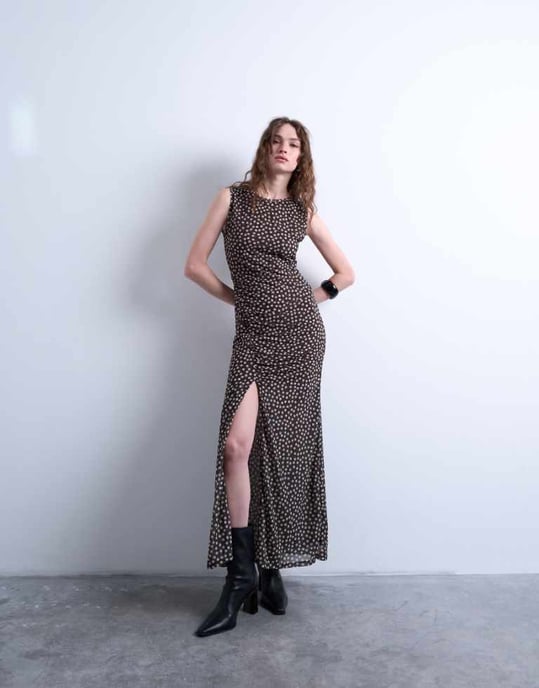 Topshop ruched polkadot maxi dress in brown - Image 1