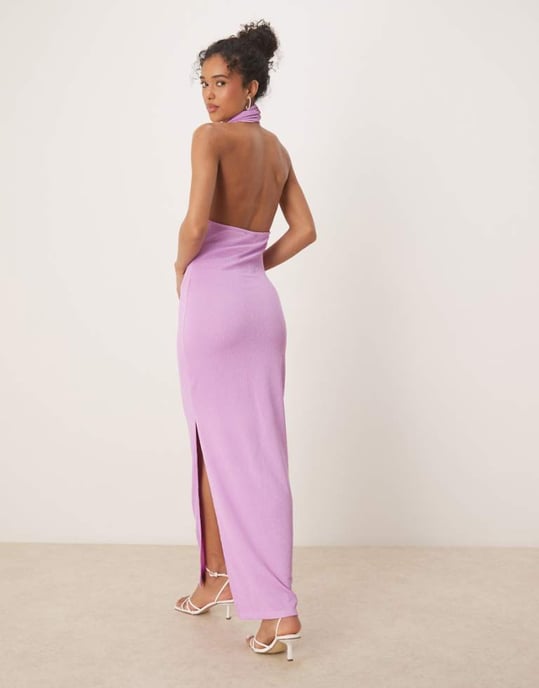 Vila textured cowl neck low back maxi dress in violet - Image 1