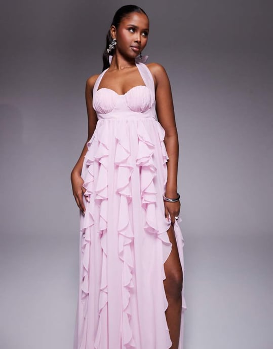 ASOS LUXE halter maxi dress with waterfall ruffles in lilac - Image 1