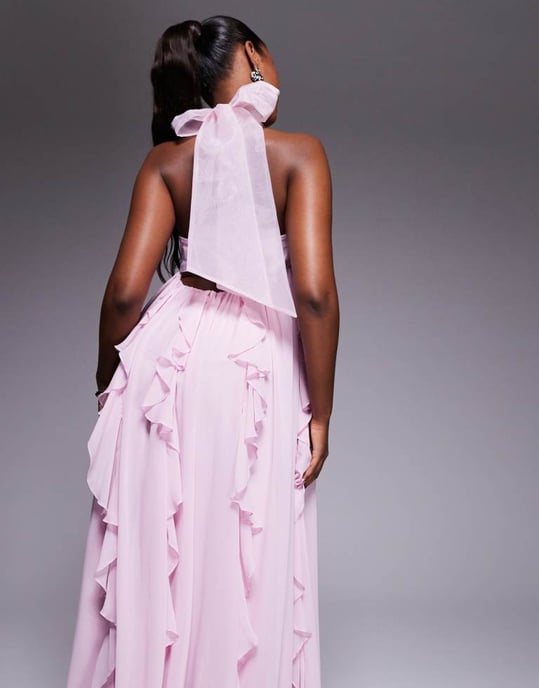 ASOS LUXE halter maxi dress with waterfall ruffles in lilac - Image 2