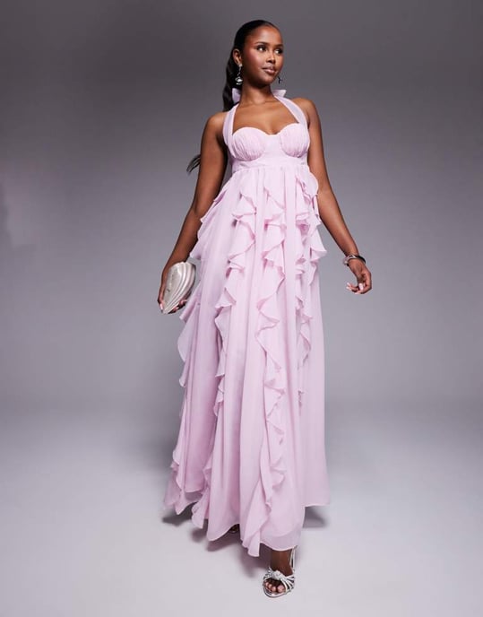 ASOS LUXE halter maxi dress with waterfall ruffles in lilac - Image 3