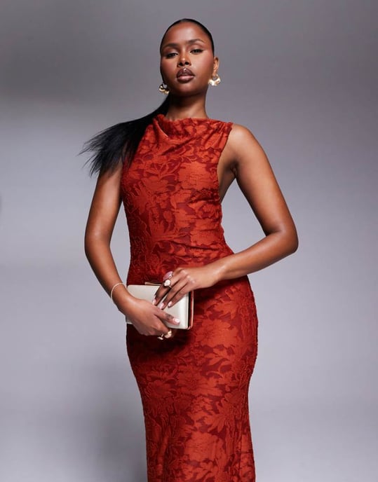 ASOS DESIGN sleeveless twisted shoulder devore maxi dress in rust - Image 1