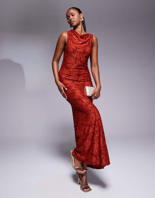 ASOS DESIGN sleeveless twisted shoulder devore maxi dress in rust - Image 2