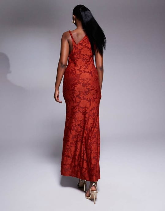 ASOS DESIGN sleeveless twisted shoulder devore maxi dress in rust - Image 4