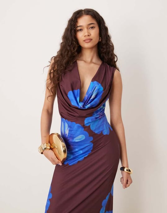 ASOS DESIGN cowl neck floral printed maxi dress in brown - Image 2
