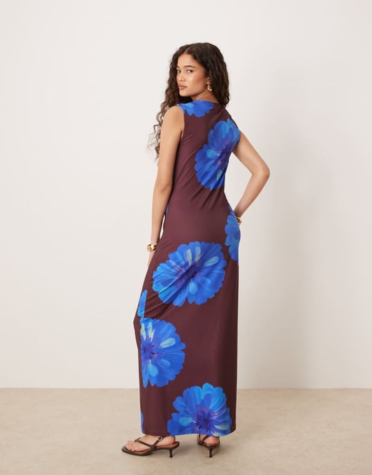 ASOS DESIGN cowl neck floral printed maxi dress in brown - Image 4