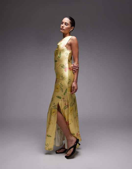Topshop drape neck maxi dress in lime based floral - Image 1