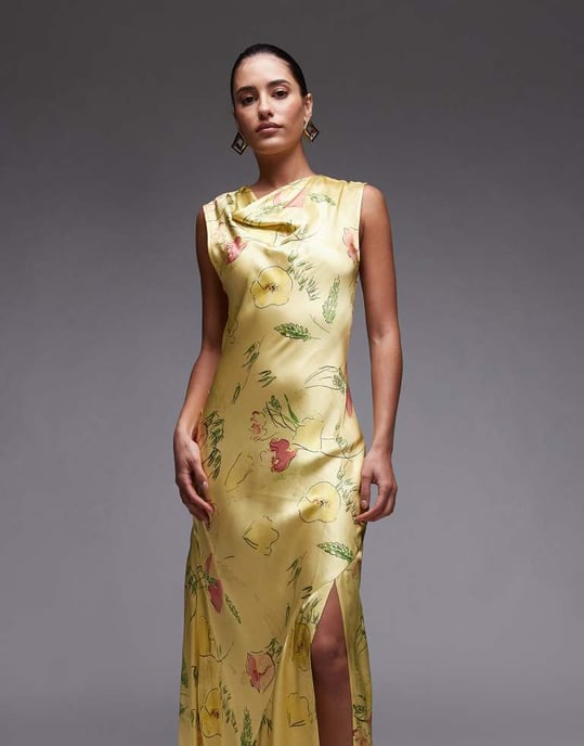 Topshop drape neck maxi dress in lime based floral - Image 2