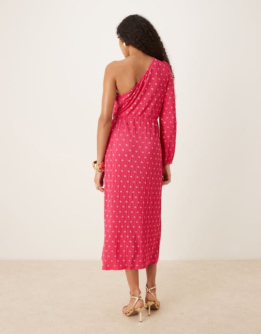 YAS foil spot plisse one shoulder maxi dress in pink - Image 3