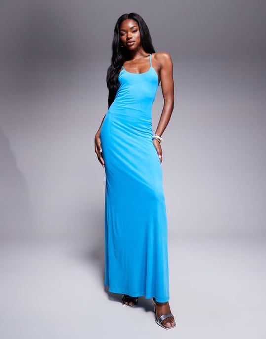 ASOS DESIGN mesh super scoop cami maxi dress in bright blue - Image 3