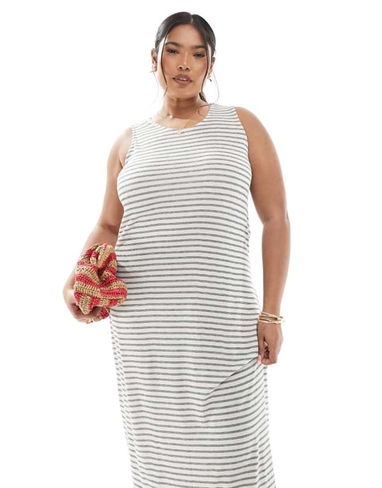 Vero Moda Curve slubby maxi tank dress in mono stripe - Image 3