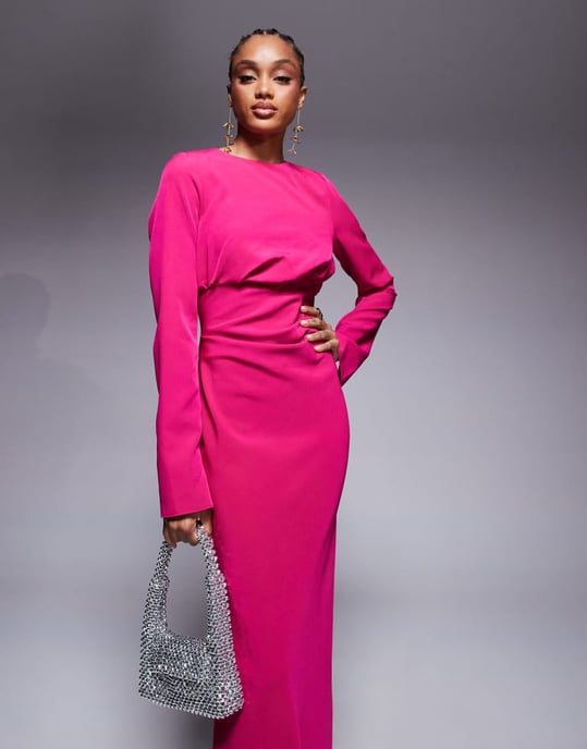 ASOS DESIGN Tall structured long sleeve maxi dress with ruched bust in pink - Image 2