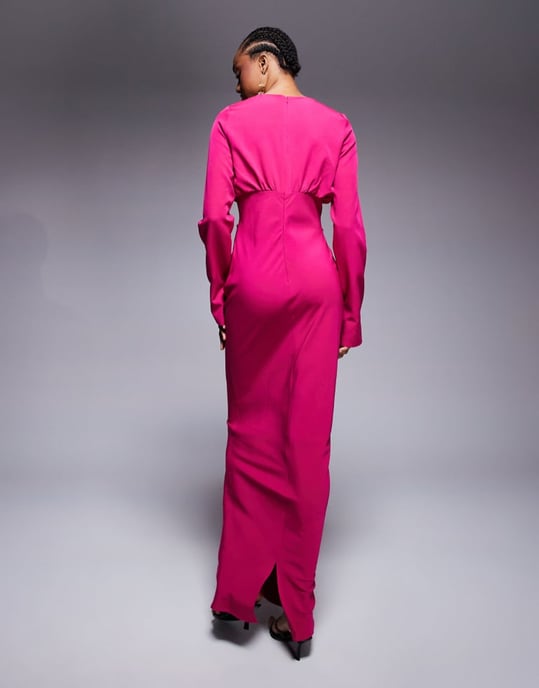 ASOS DESIGN Tall structured long sleeve maxi dress with ruched bust in pink - Image 3