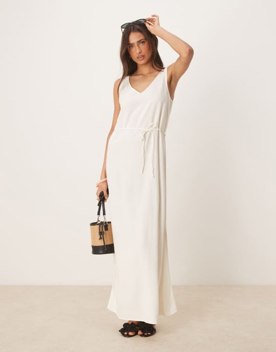 JDY tie waist linen blend maxi dress in white - Image 1