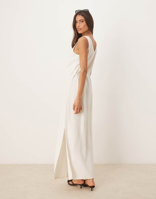 JDY tie waist linen blend maxi dress in white - Image 3