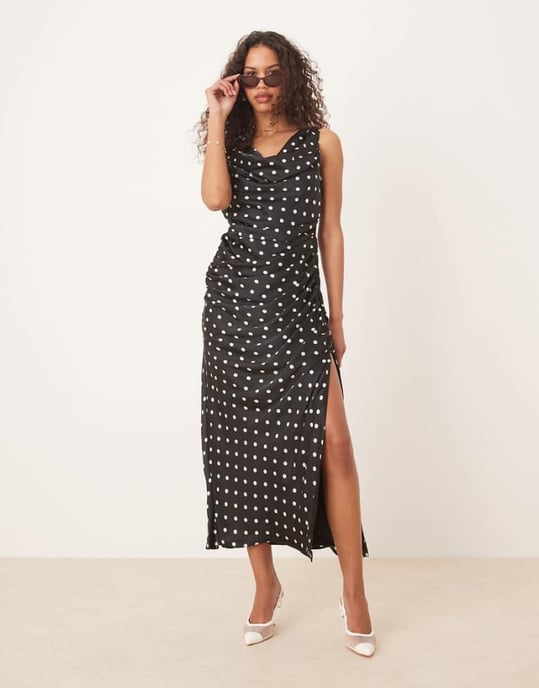 Abercrombie & Fitch cowl neck drape maxi dress in black dot - Image 1