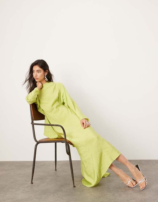 ASOS EDITION asymmetric long sleeve maxi dress with open back in lime green - Image 2