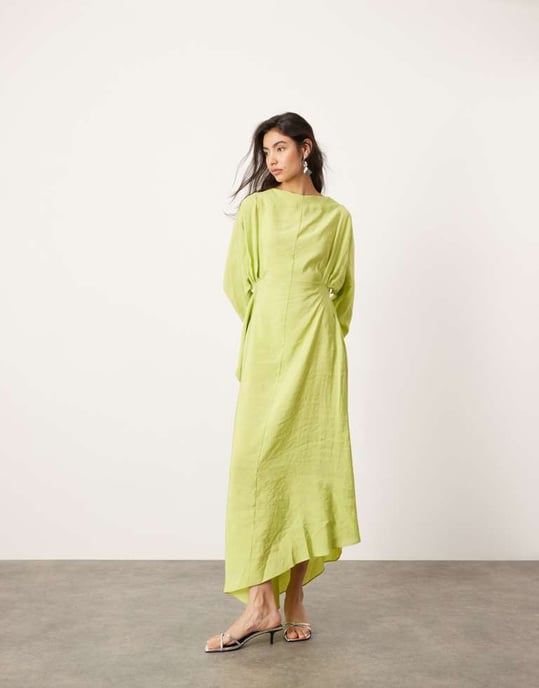 ASOS EDITION asymmetric long sleeve maxi dress with open back in lime green - Image 3