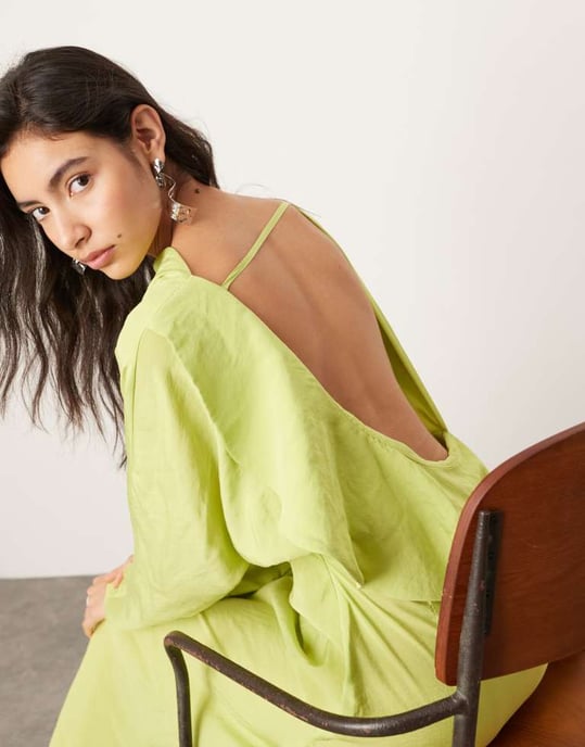 ASOS EDITION asymmetric long sleeve maxi dress with open back in lime green - Image 4