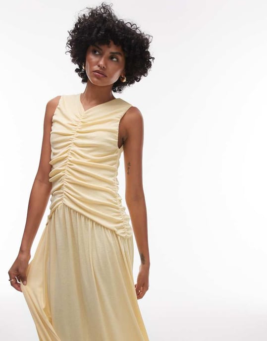 Topshop drop waist ruched maxi dress in buttermilk - Image 4