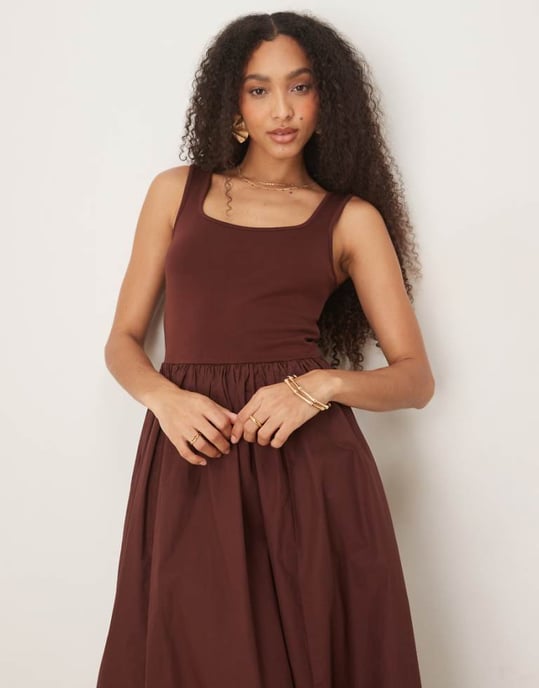 Nobody's Child Colorado square neck midi dress in brown - Image 1