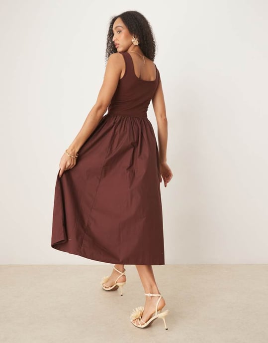 Nobody's Child Colorado square neck midi dress in brown - Image 3
