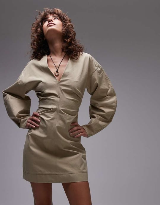 Topshop twill cinch barrel sleeve mini dress in khaki - Image 4