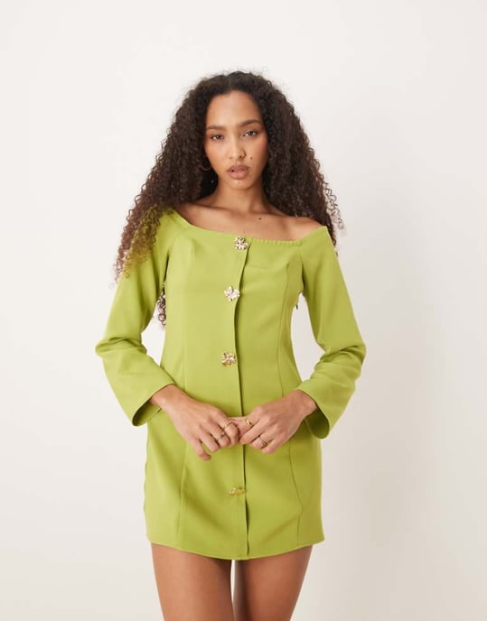 ASOS DESIGN bardot button through mini dress in green - Image 1