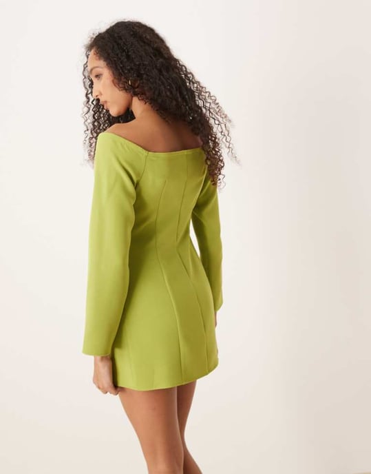 ASOS DESIGN bardot button through mini dress in green - Image 2