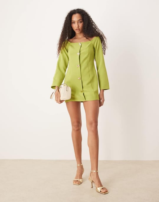 ASOS DESIGN bardot button through mini dress in green - Image 3