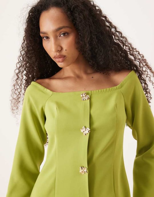 ASOS DESIGN bardot button through mini dress in green - Image 4