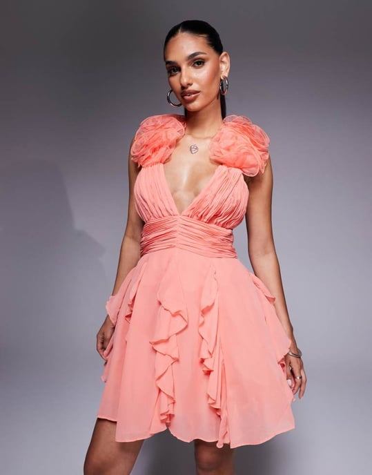 ASOS LUXE Organza ruffle skater mini dress in pink - Image 4