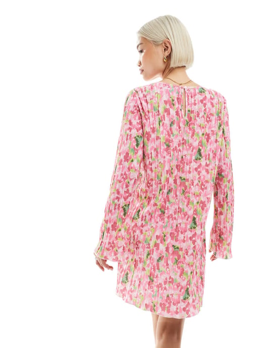 Pieces plisse long sleeve mini dress in pink floral print - Image 3