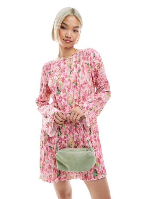 Pieces plisse long sleeve mini dress in pink floral print - Image 4