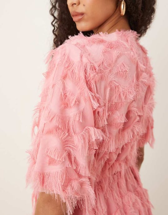 YAS textured v neck mini dress in bubblegum pink - Image 2