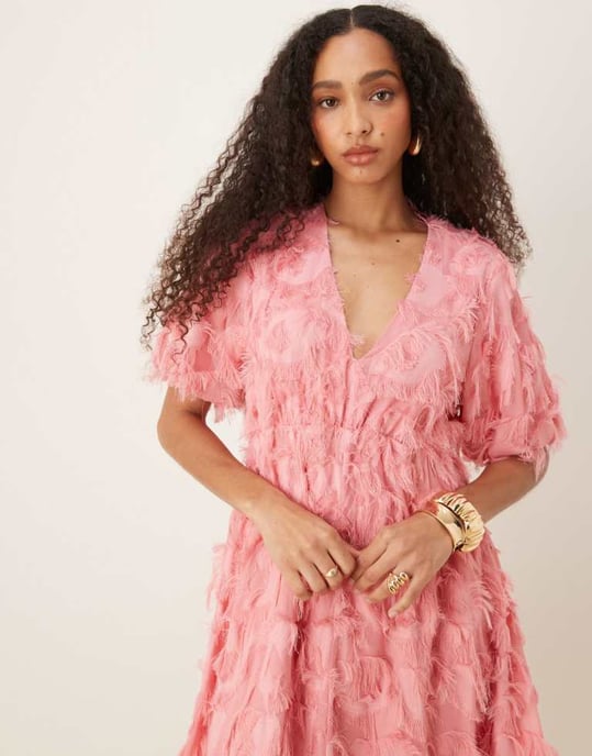 YAS textured v neck mini dress in bubblegum pink - Image 3