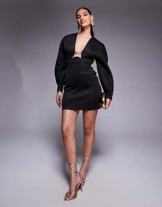 ASOS DESIGN cocoon sleeve mini dress with central trim detail in black in scuba-style fabric - Image 3