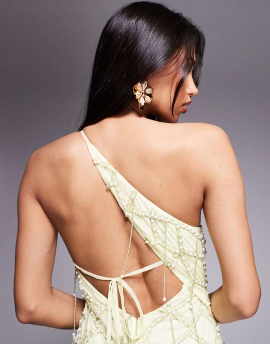 ASOS DESIGN pearl and fringe embellished one shoulder mini dress in soft lemon - Image 3