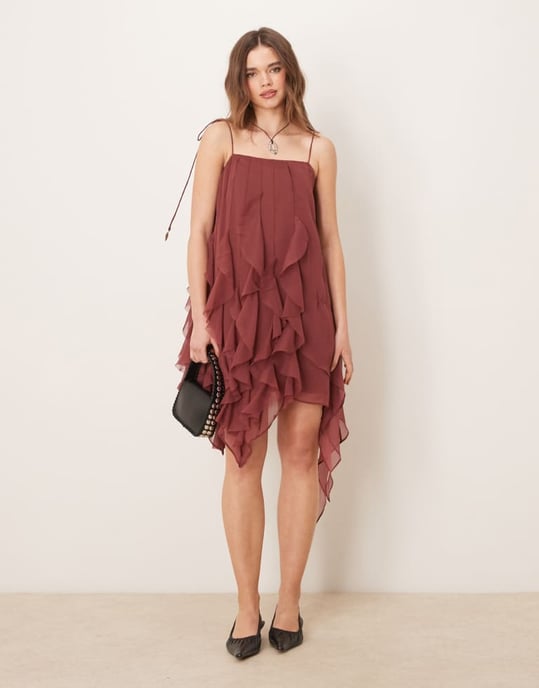 ASOS DESIGN tie strap ruffle mini dress in chocolate brown - Image 2