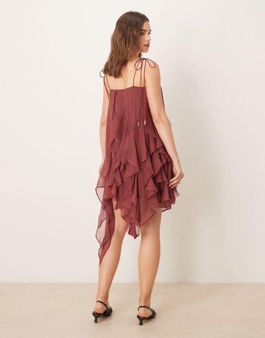 ASOS DESIGN tie strap ruffle mini dress in chocolate brown - Image 4