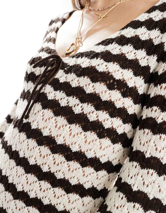 Miss Selfridge stripe crochet flare sleeve mini dress in mono - Image 3