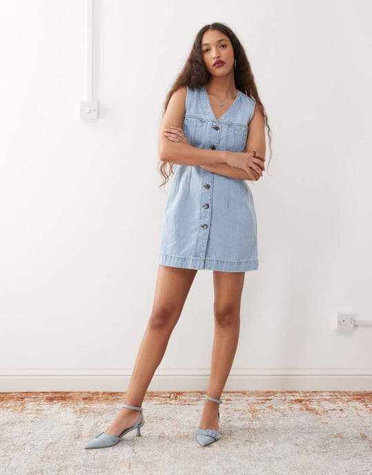 Noisy May denim waistcoat mini dress in light blue wash - Image 2