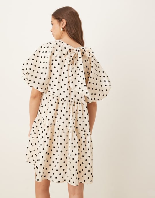 YAS ballon sleeve voluminous mini dress in cream with black polka dot - Image 2