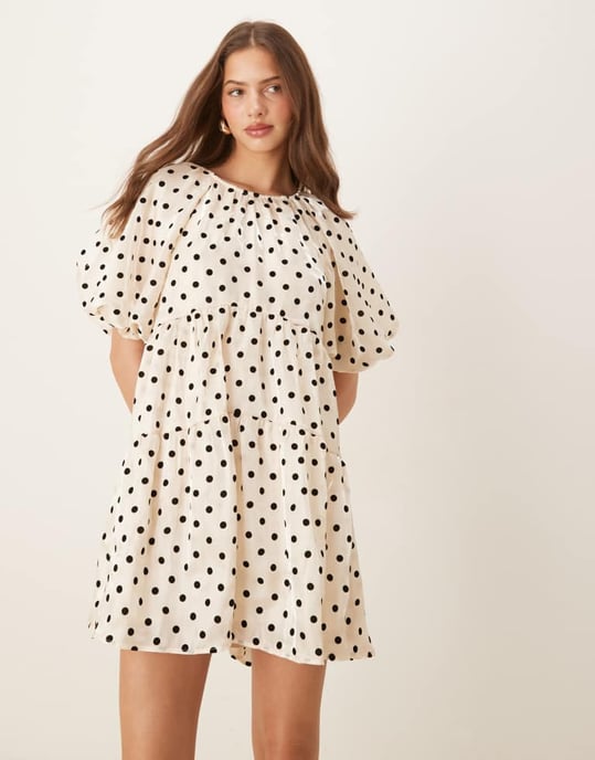YAS ballon sleeve voluminous mini dress in cream with black polka dot - Image 3