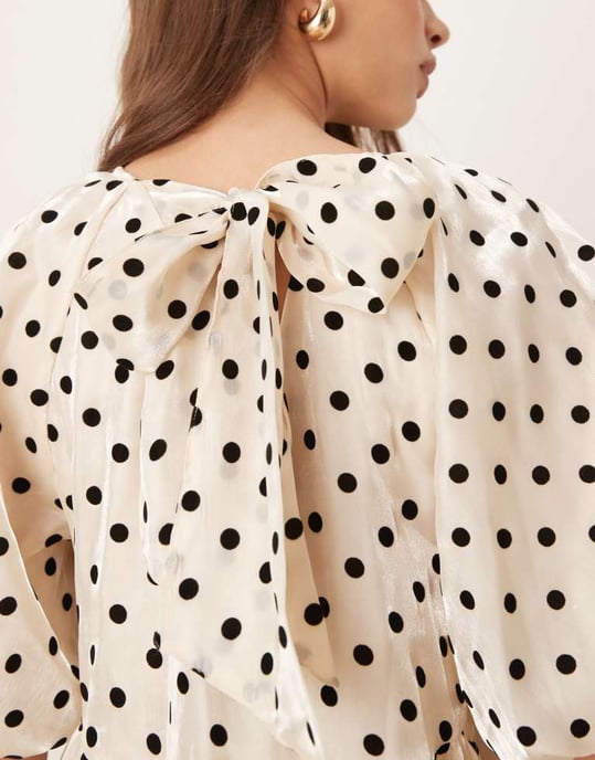 YAS ballon sleeve voluminous mini dress in cream with black polka dot - Image 4