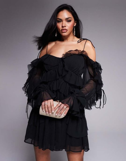 ASOS DESIGN ruffle off shoulder tiered mini dress in black - Image 3