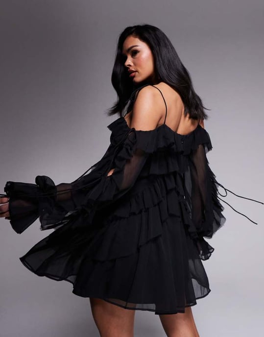 ASOS DESIGN ruffle off shoulder tiered mini dress in black - Image 4