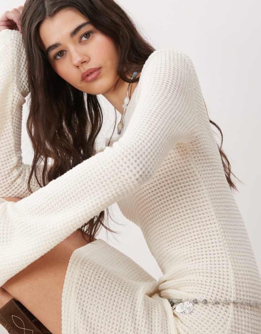 Reclaimed Vintage flared sleeve crochet beach mini dress in cream - Image 2