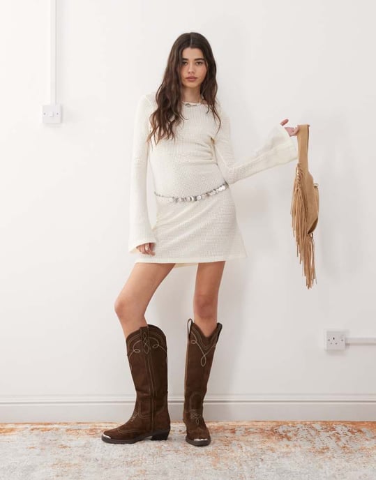 Reclaimed Vintage flared sleeve crochet beach mini dress in cream - Image 3