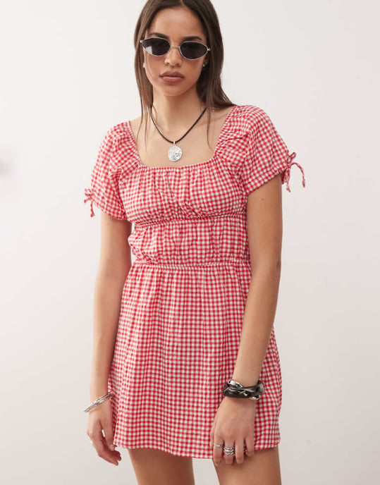 Noisy May tiered mini dress in red gingham - Image 1
